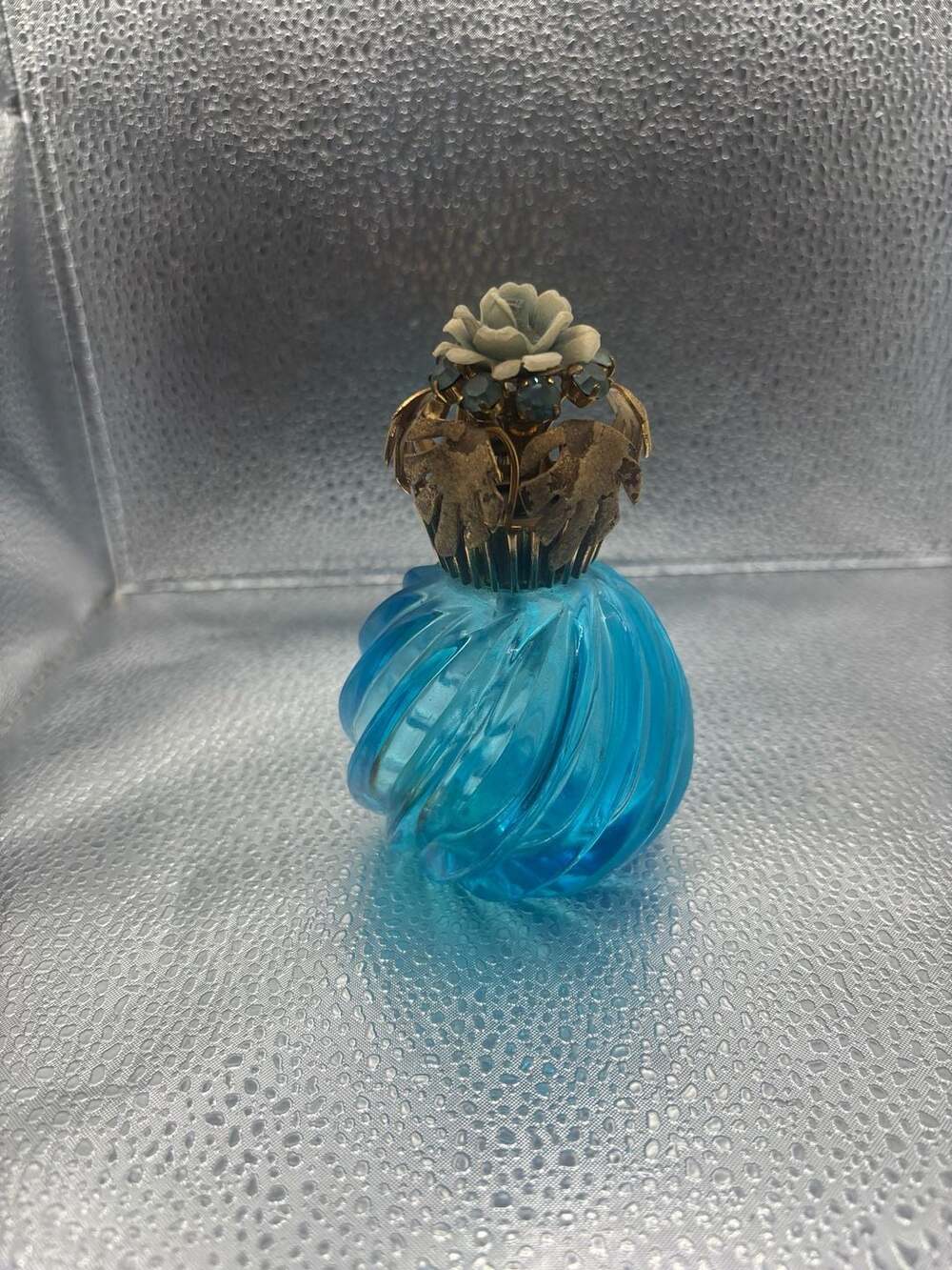 Vintage Irice Blue Swirl Glass Perfume Bottle with Gold Tone Floral and Leaf